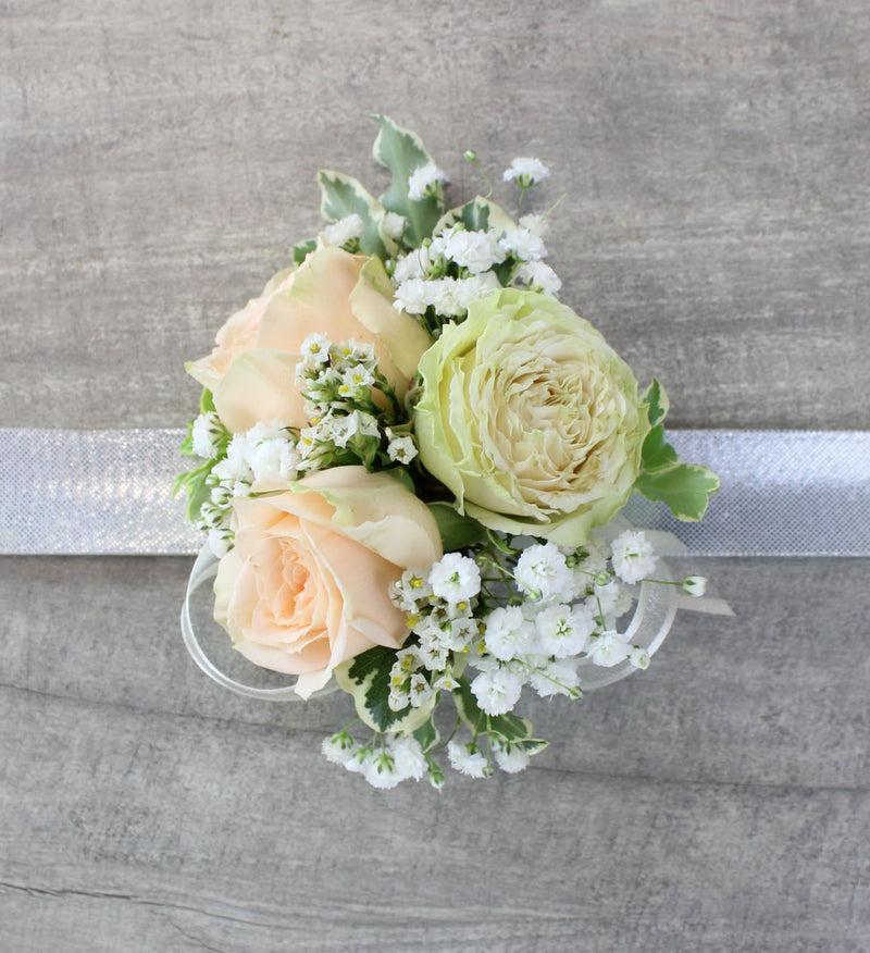white rose and succulent corsage Corsage – Country Elegance Florist